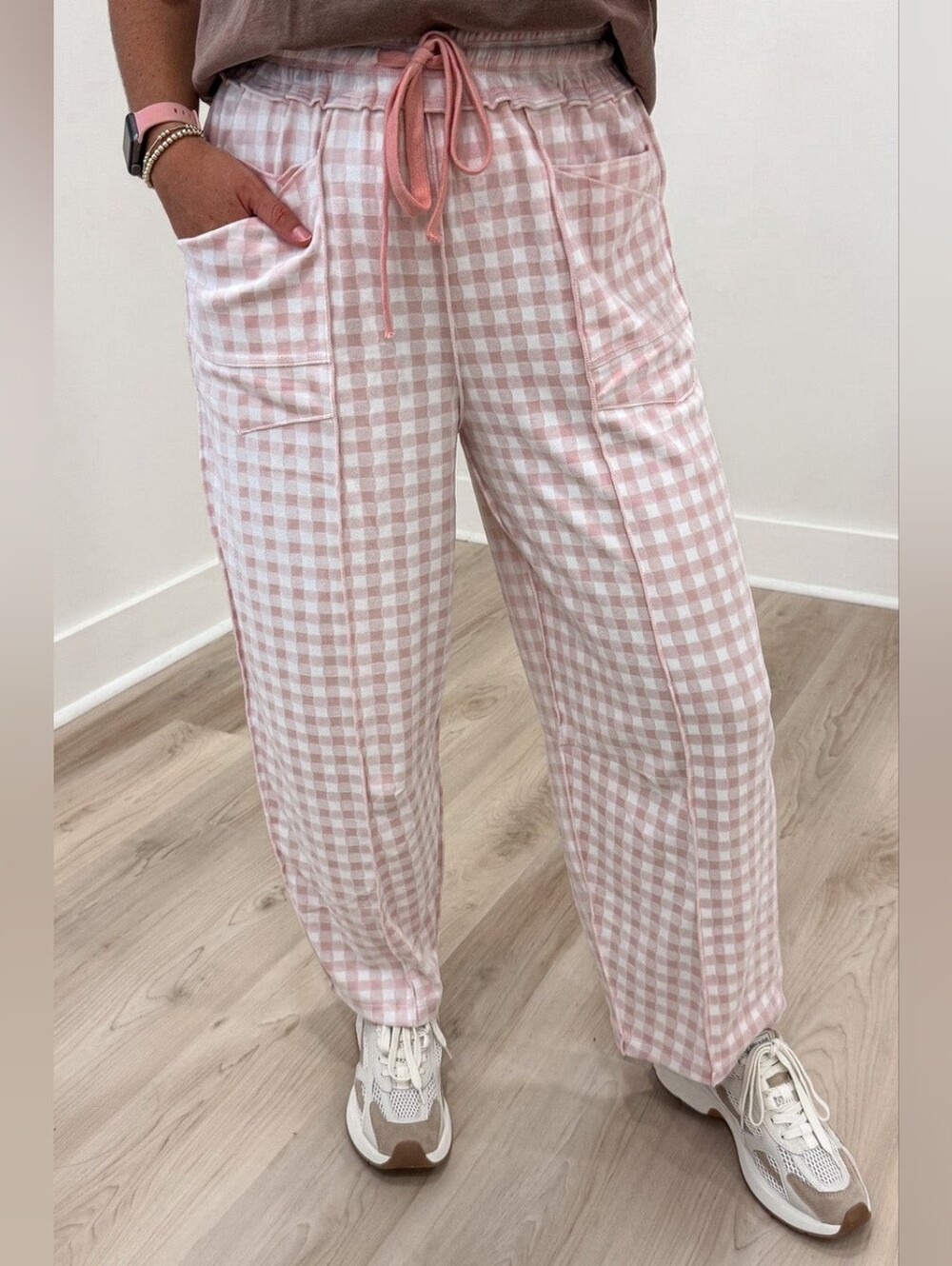 Anniewear Soft Blush Pink Gingham Check Wide Straight Leg Pants L Cotton Pants